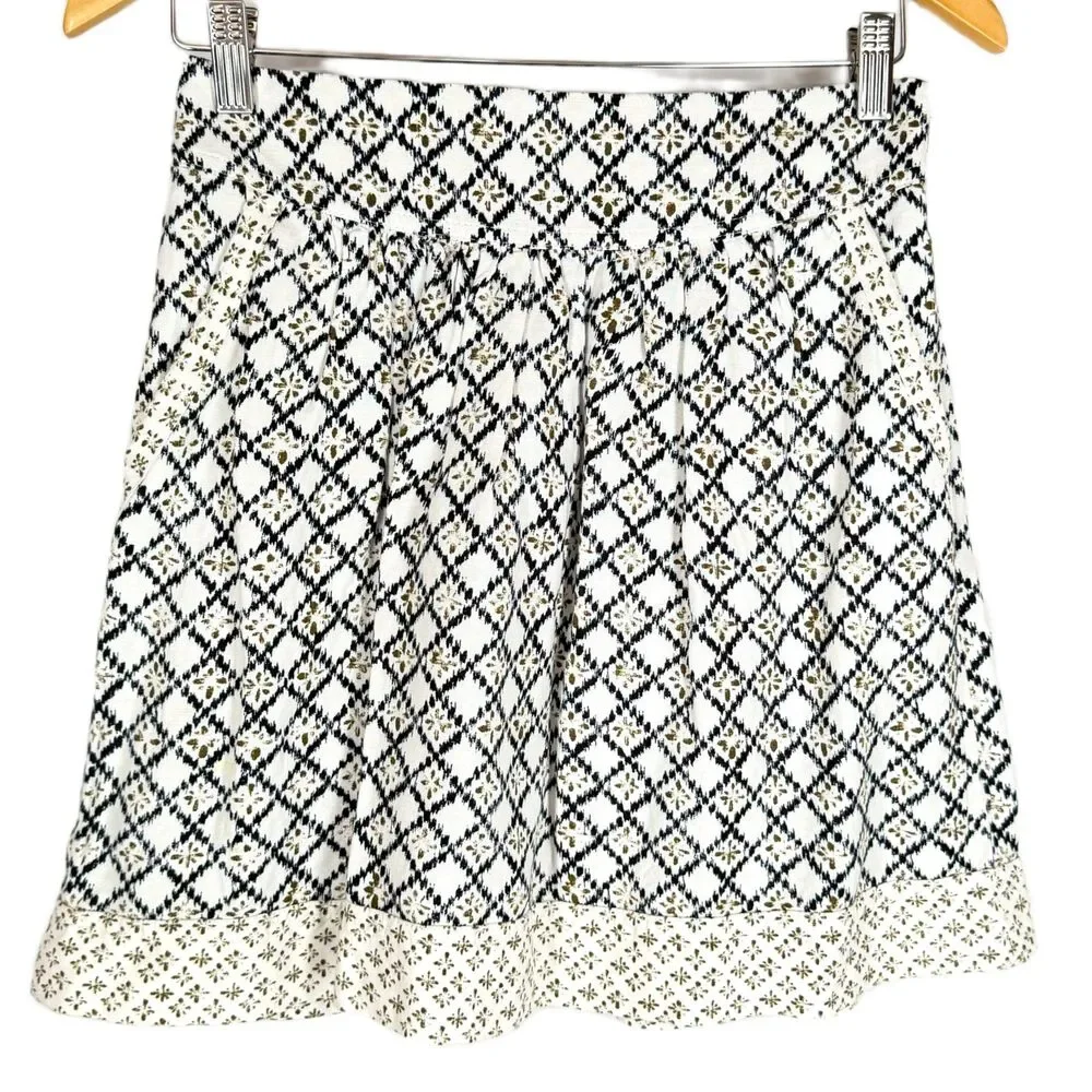 Ann Taylor Skirt Sz 0 Mini Linen Blend Geometric Mixed Prints White Black Olive - Picture 5 of 8